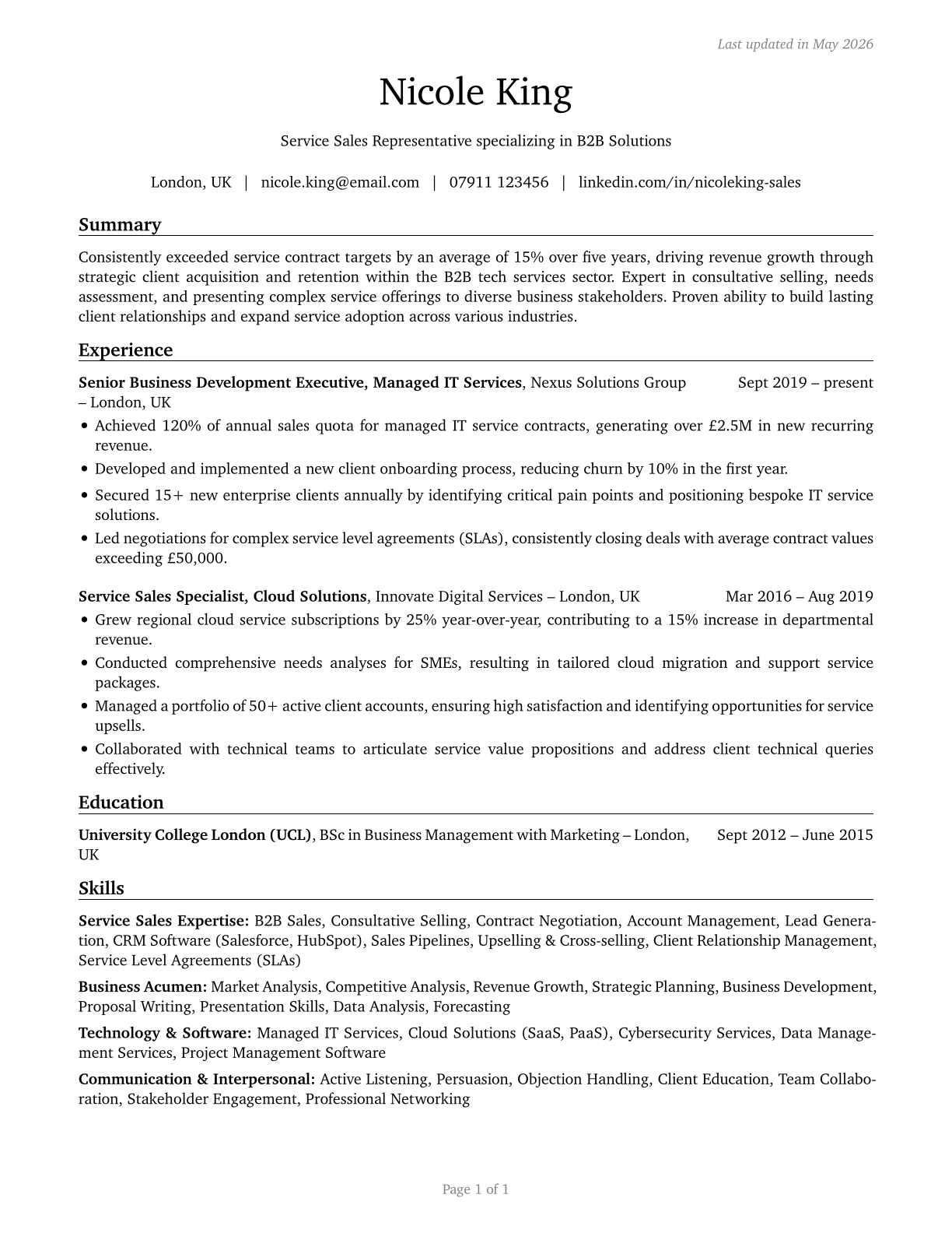 Sales Representatives of Services, Except Advertising, Insurance, Financial Services, and Travel CV in English — page 1