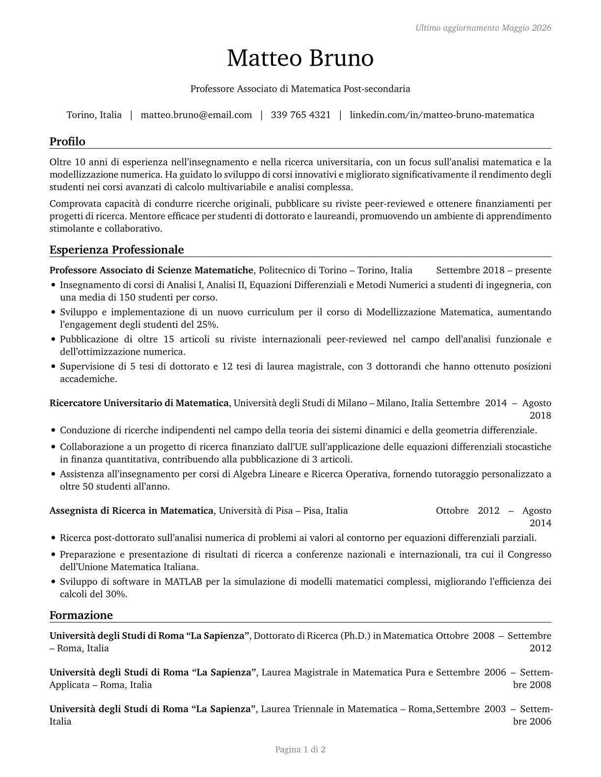 Mathematical Science Teachers, Postsecondary CV in Italian — page 1