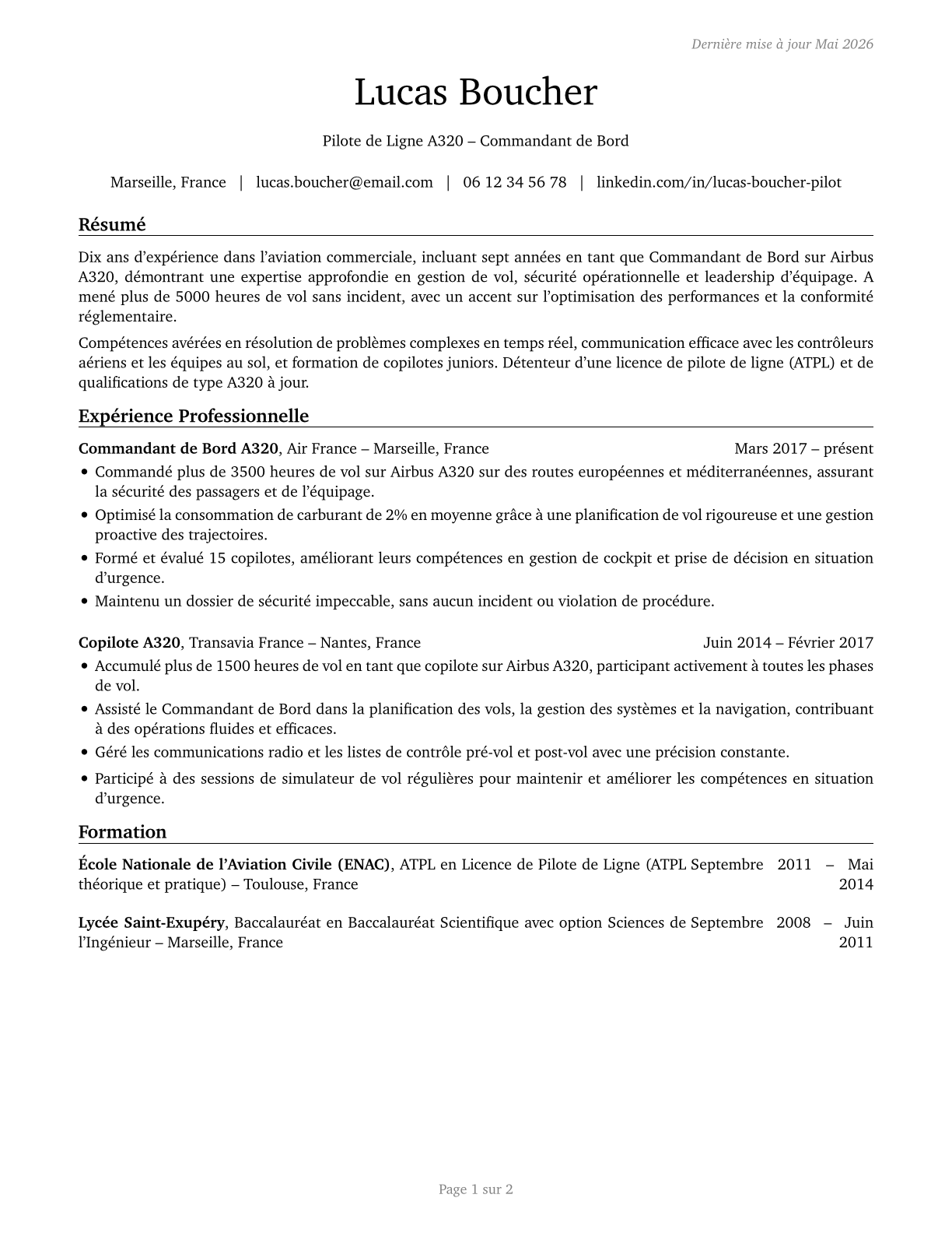 Airline Pilots, Copilots, and Flight Engineers CV in French — page 1