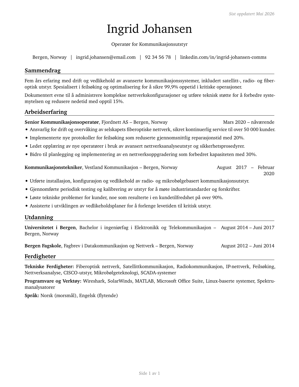 Communications Equipment Operators, All Other CV in Norwegian_bokmal — page 1