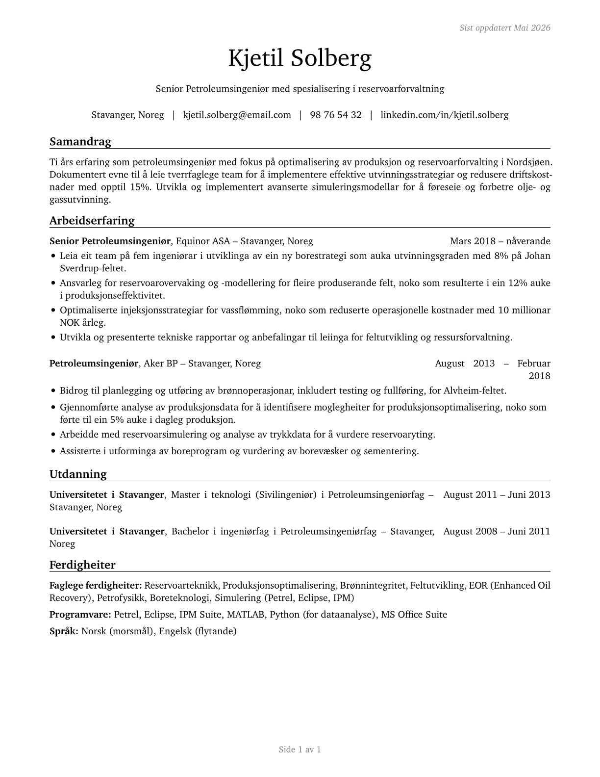 Petroleum Engineers CV in Norwegian_nynorsk — page 1