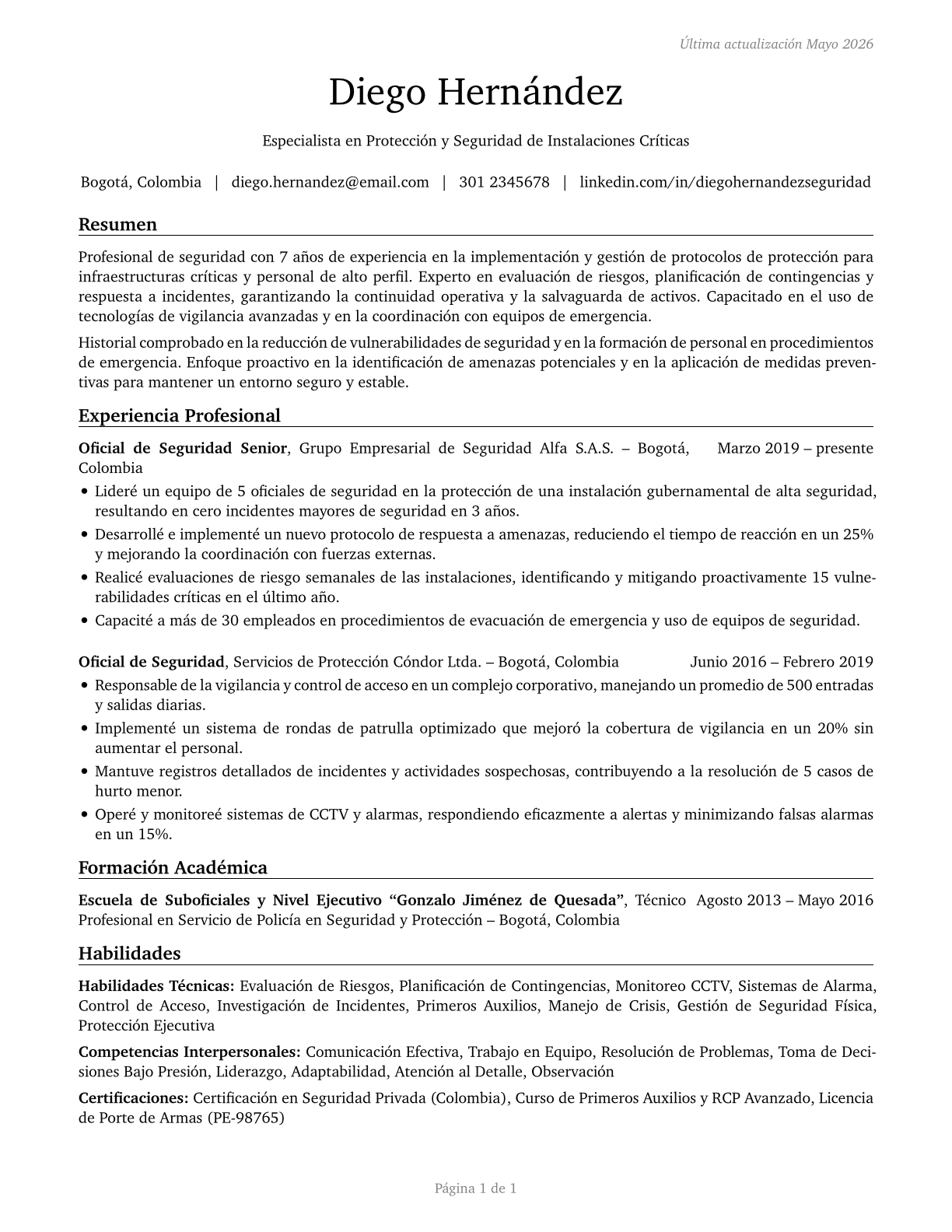 Protective Service Workers, All Other CV in Spanish — page 1