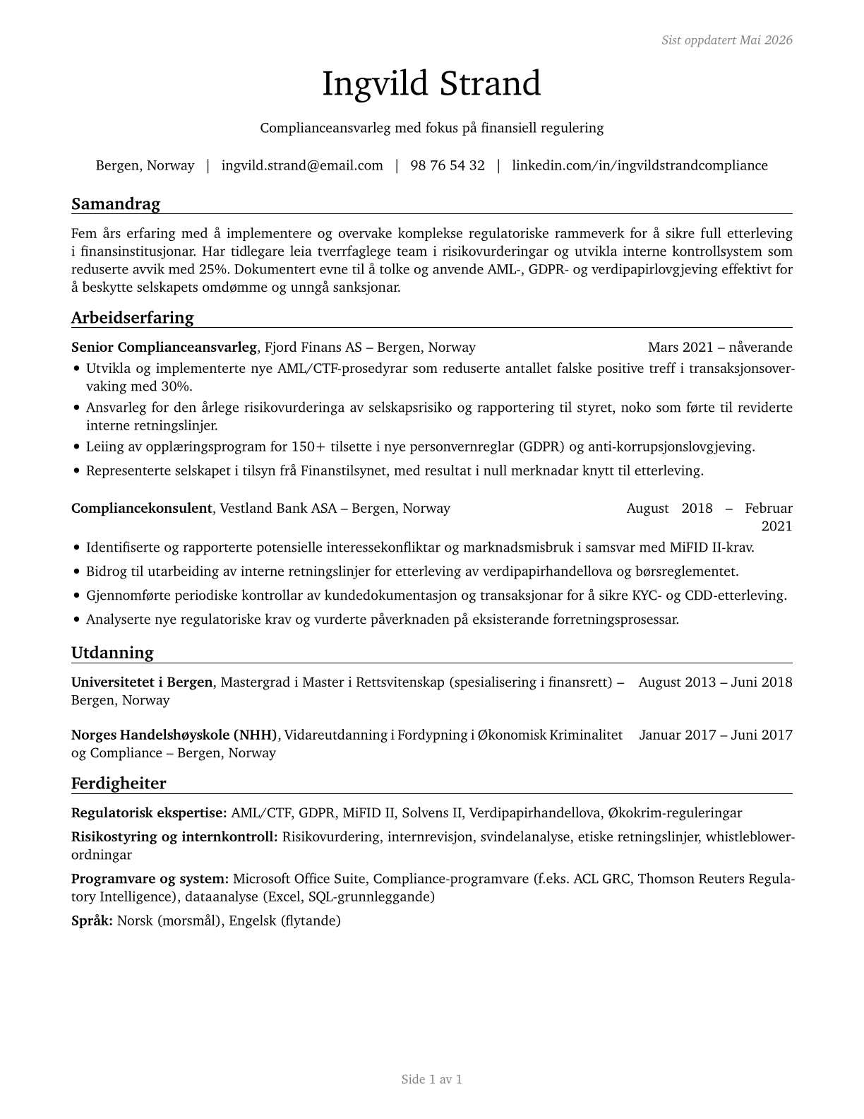 Compliance Officers CV in Norwegian_nynorsk — page 1