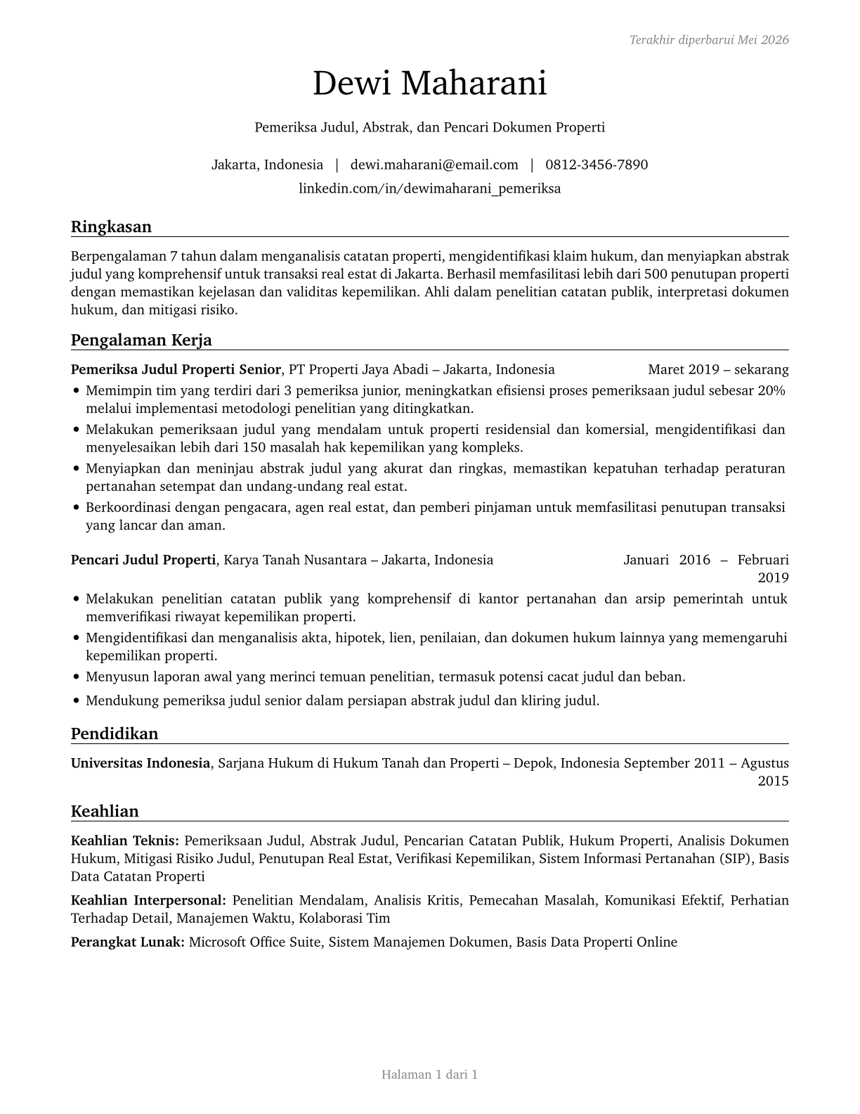 Title Examiners, Abstractors, and Searchers CV in Indonesian — page 1