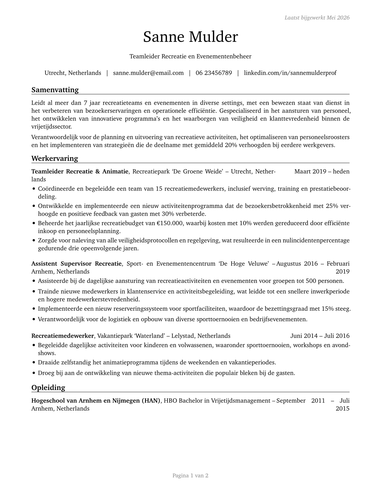 First-Line Supervisors of Entertainment and Recreation Workers, Except Gambling Services CV in Dutch — page 1