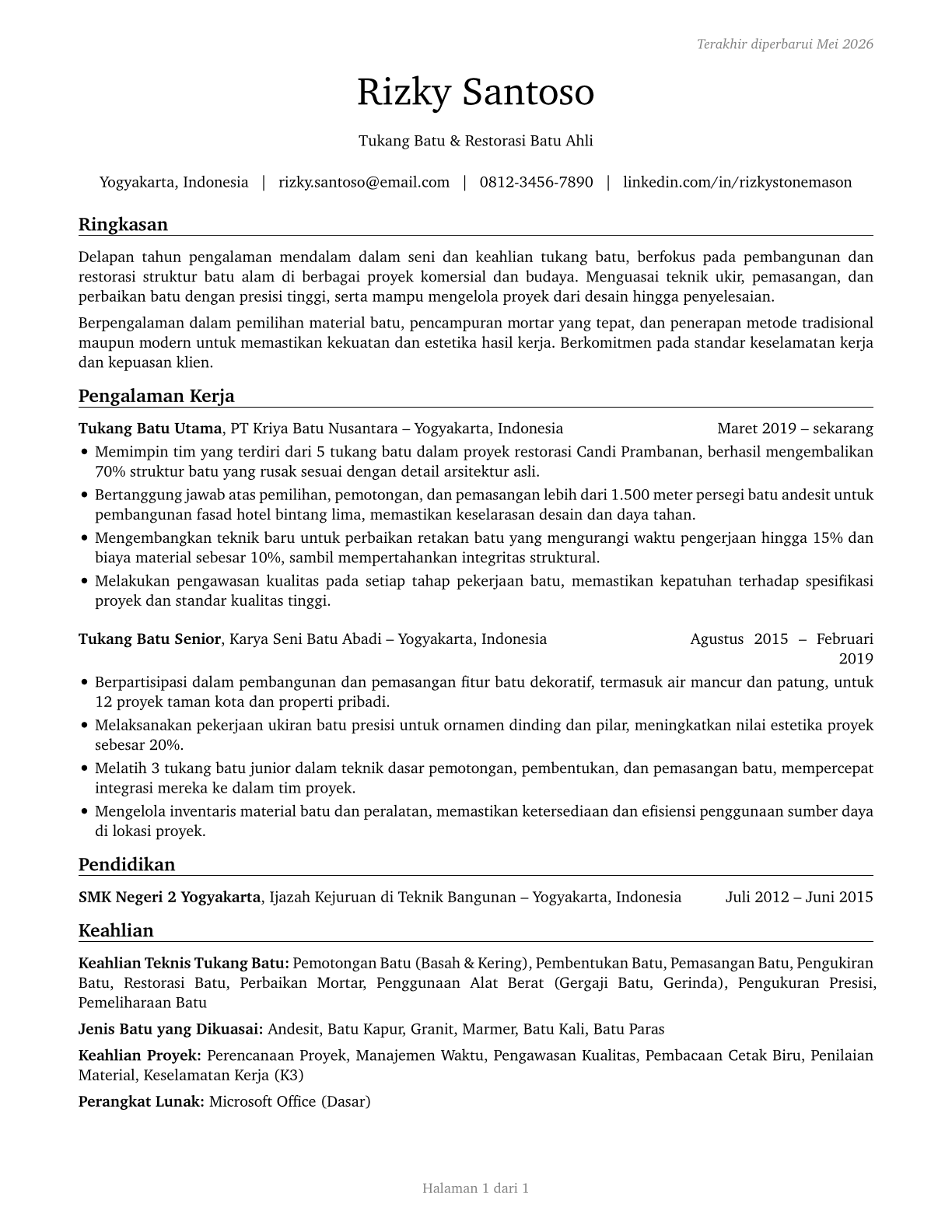 Stonemasons CV in Indonesian — page 1