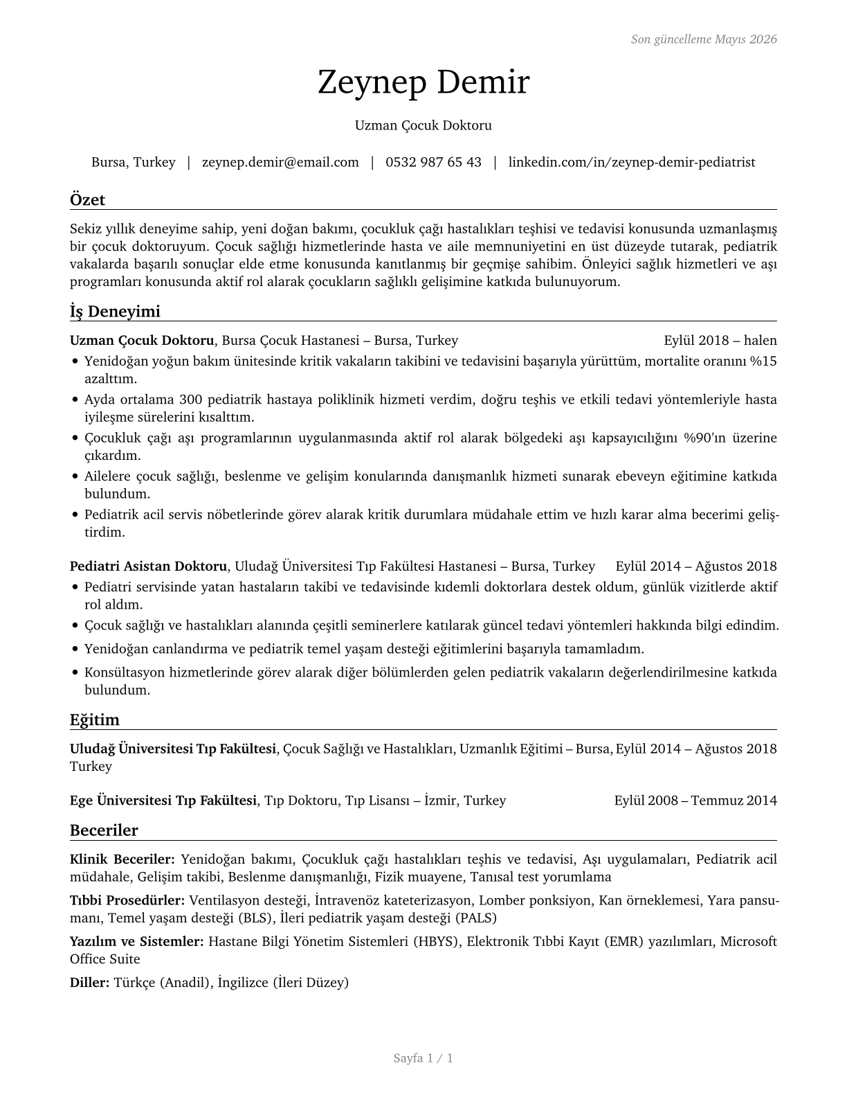 Pediatricians, General CV in Turkish — page 1