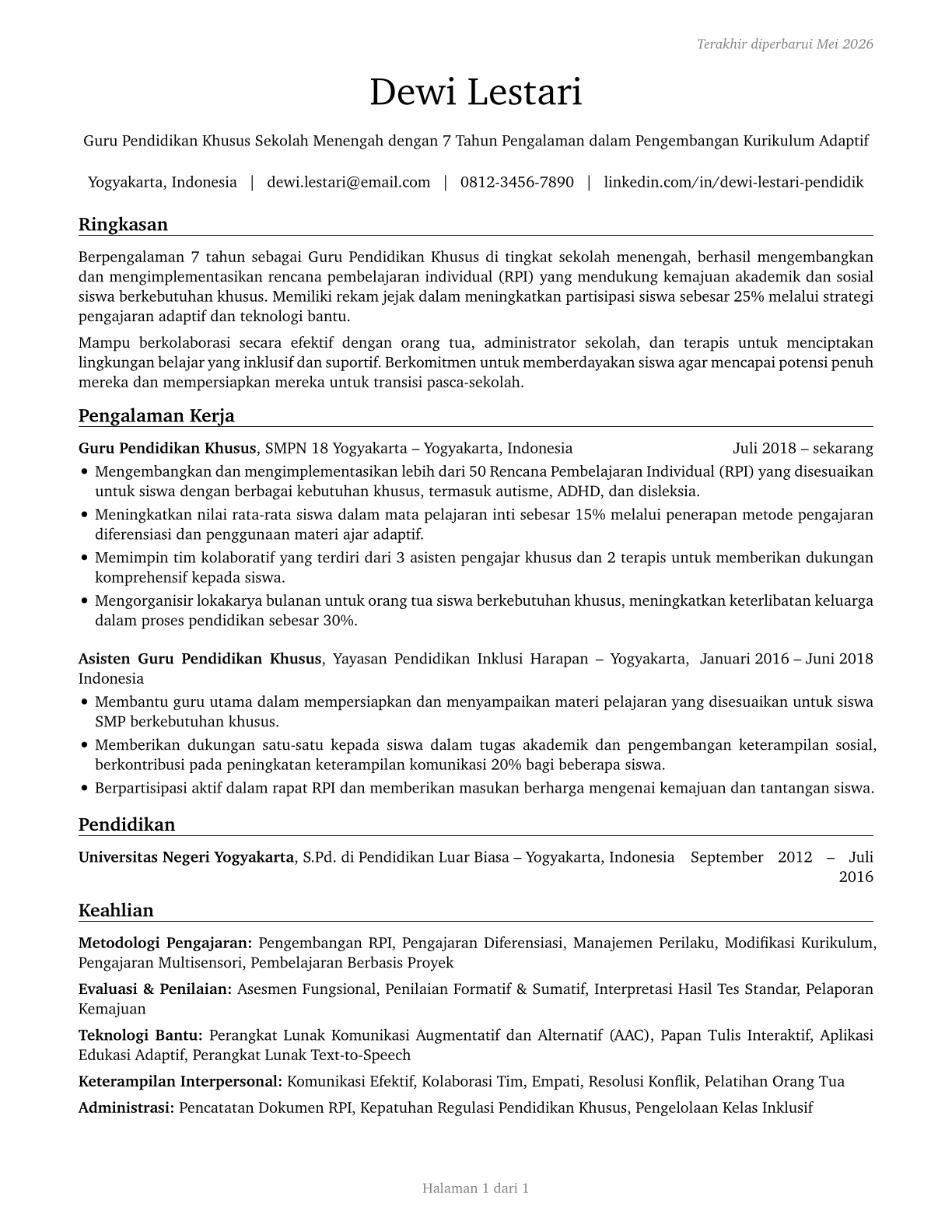 Special Education Teachers, Secondary School CV in Indonesian — page 1
