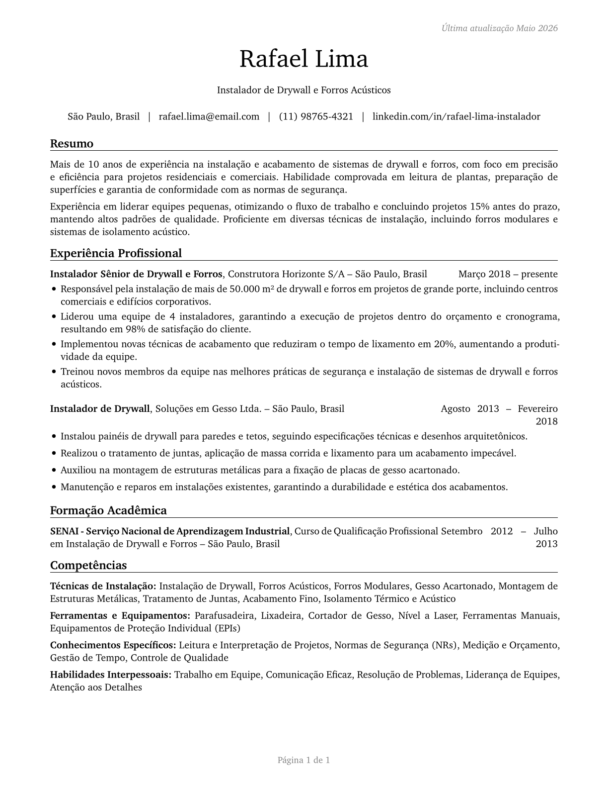 Drywall and Ceiling Tile Installers CV in Portuguese — page 1