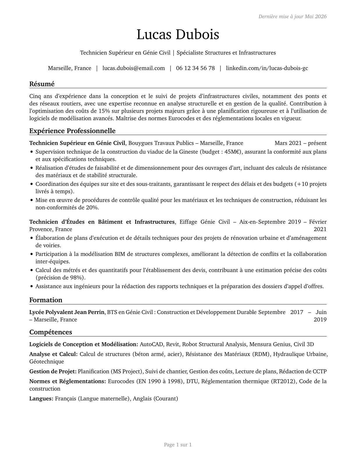 Civil Engineering Technologists and Technicians CV in French — page 1