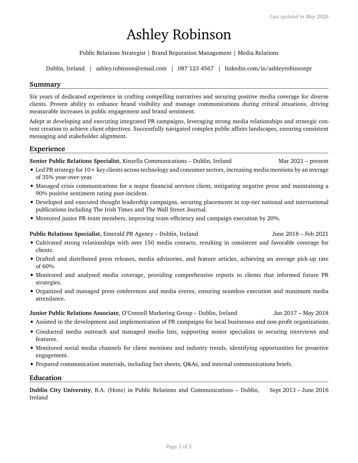 Public Relations Specialists CV in English — page 1