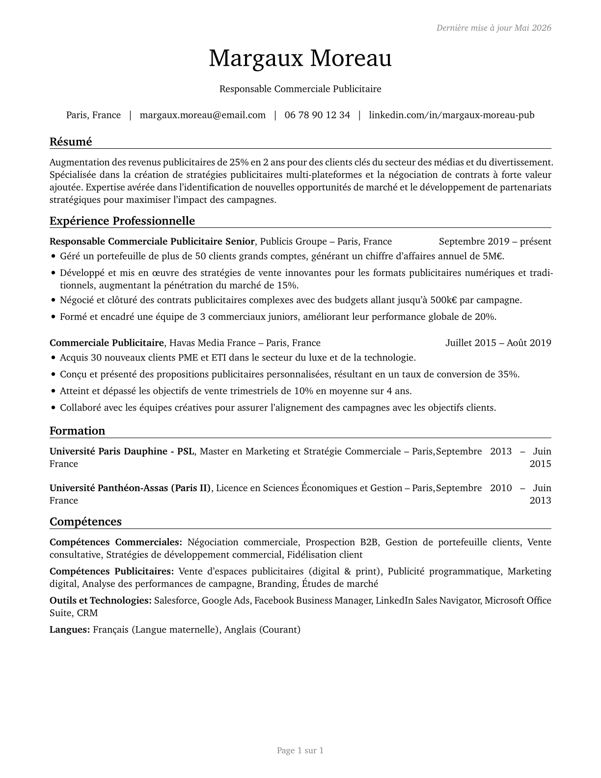 Advertising Sales Agents CV in French — page 1