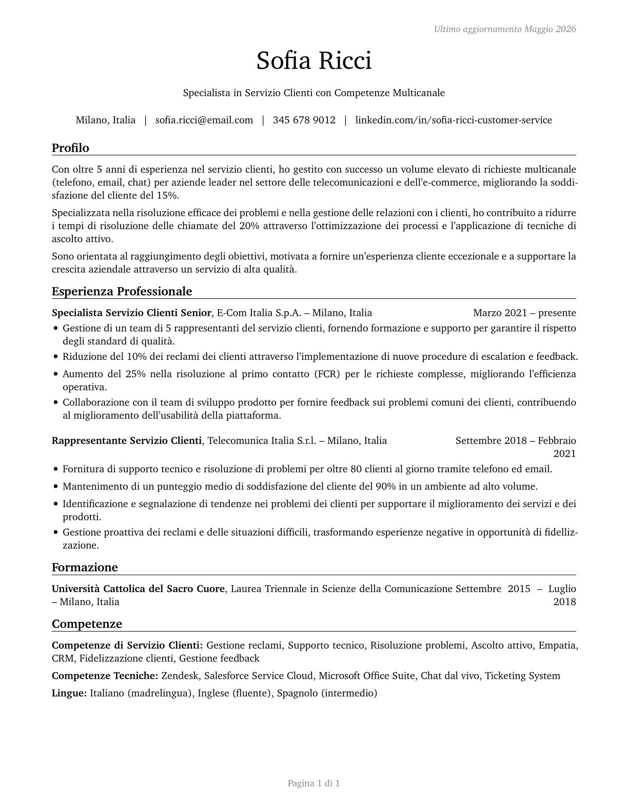 Customer Service Representatives CV in Italian — page 1