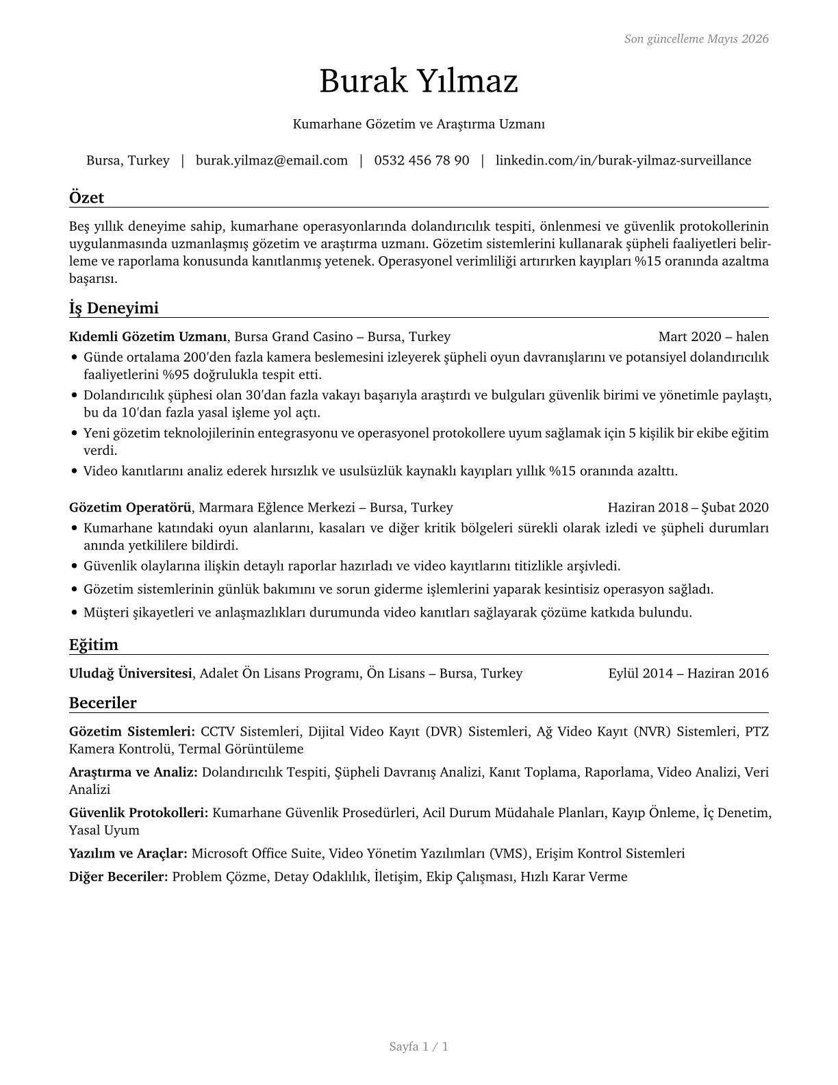 Gambling Surveillance Officers and Gambling Investigators CV in Turkish — page 1