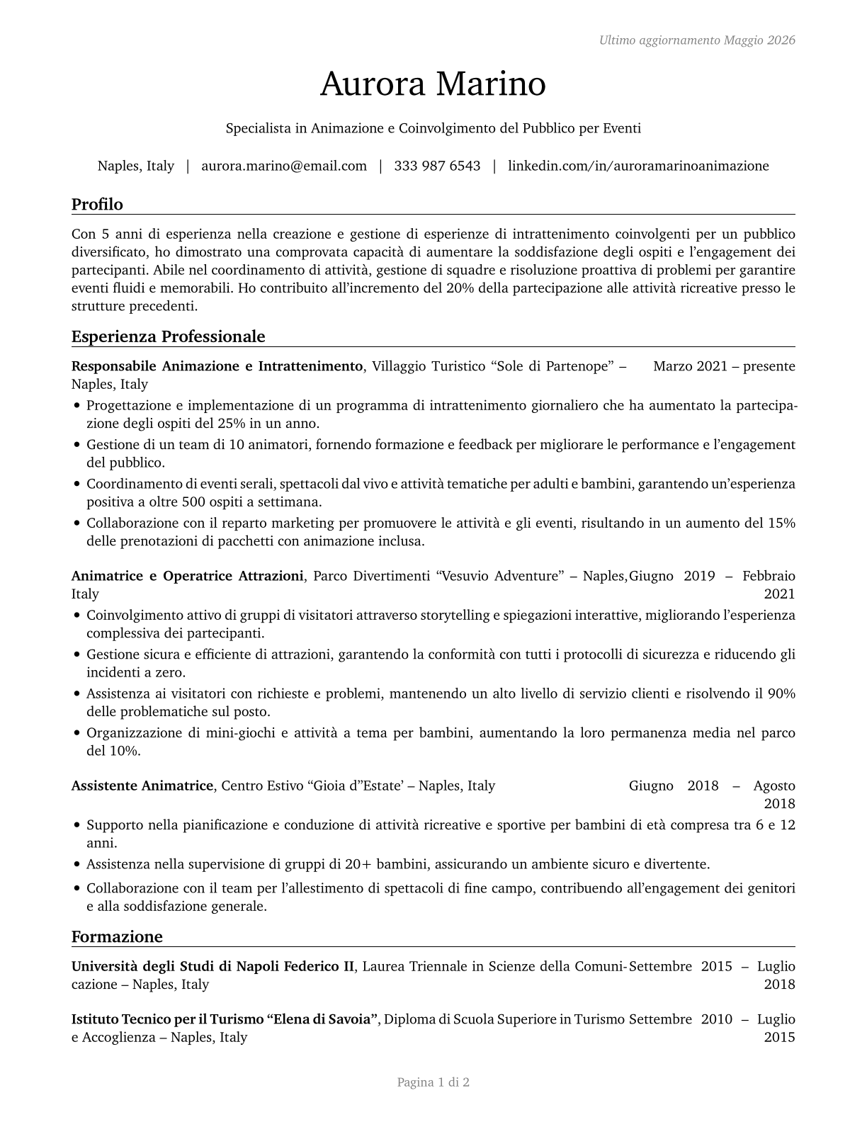 Entertainment Attendants and Related Workers, All Other CV in Italian — page 1