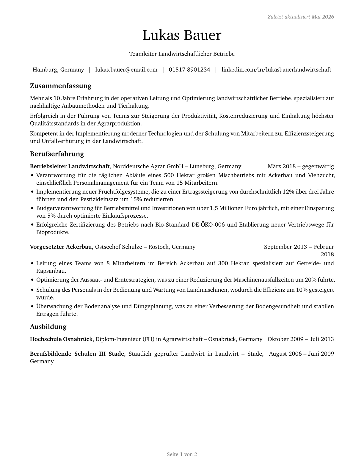 First-Line Supervisors of Farming, Fishing, and Forestry Workers CV in German — page 1