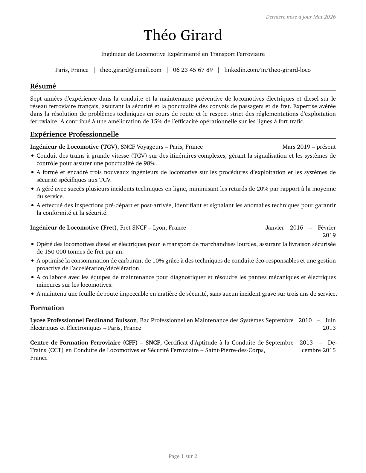 Locomotive Engineers CV in French — page 1