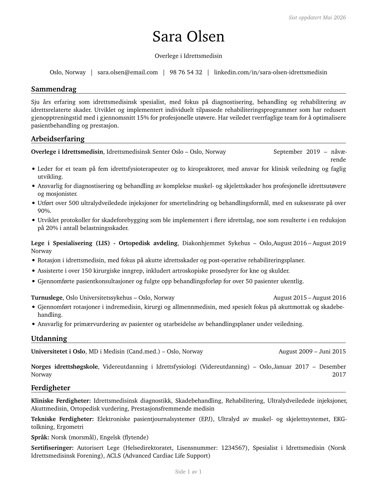 Sports Medicine Physicians CV in Norwegian_bokmal — page 1