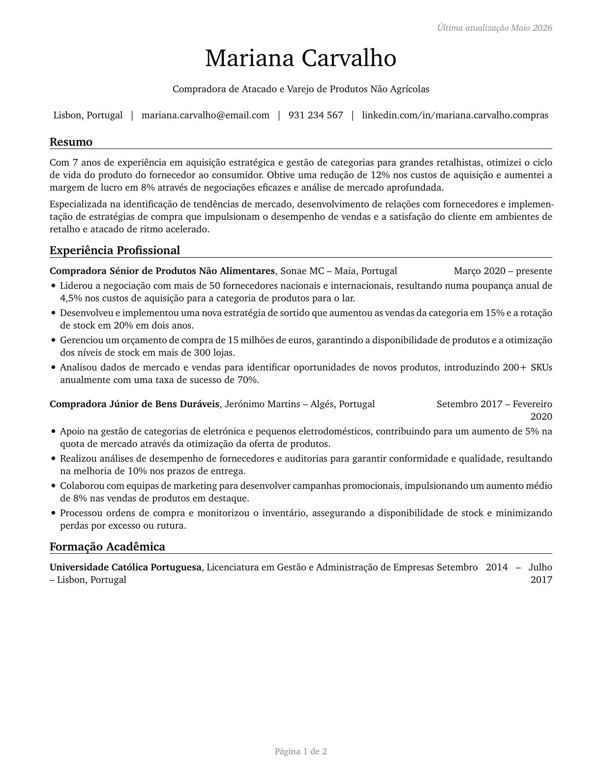 Wholesale and Retail Buyers, Except Farm Products CV in Portuguese — page 1