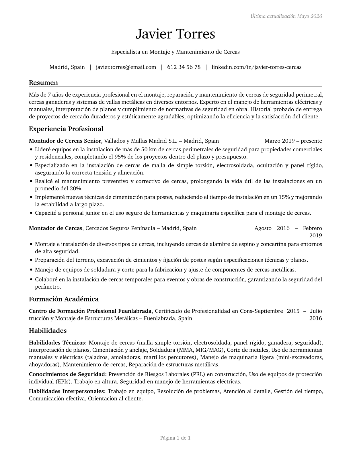 Fence Erectors CV in Spanish — page 1