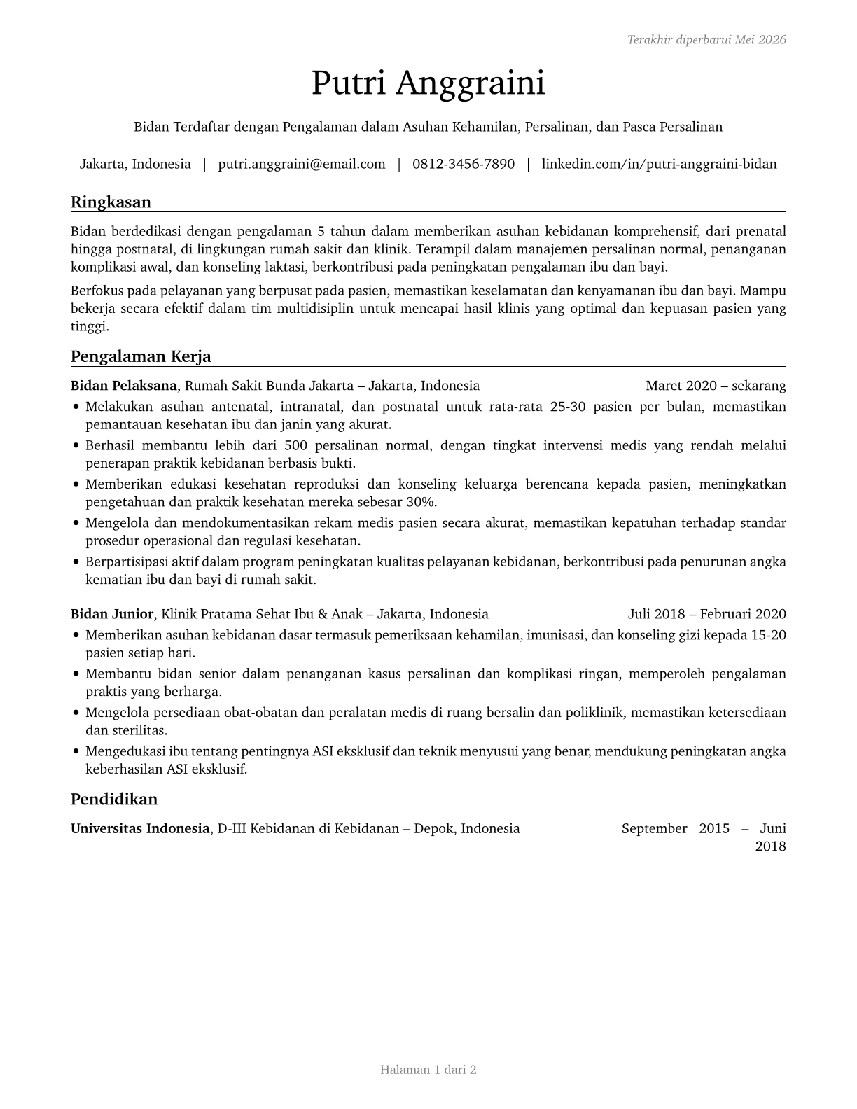 Midwives CV in Indonesian — page 1