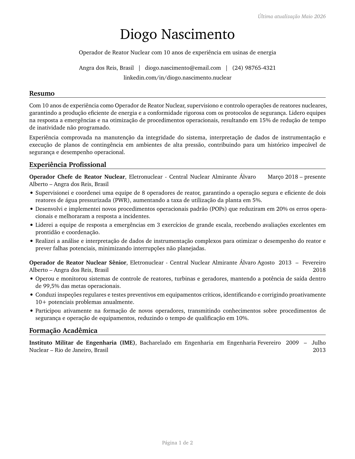 Nuclear Power Reactor Operators CV in Portuguese — page 1