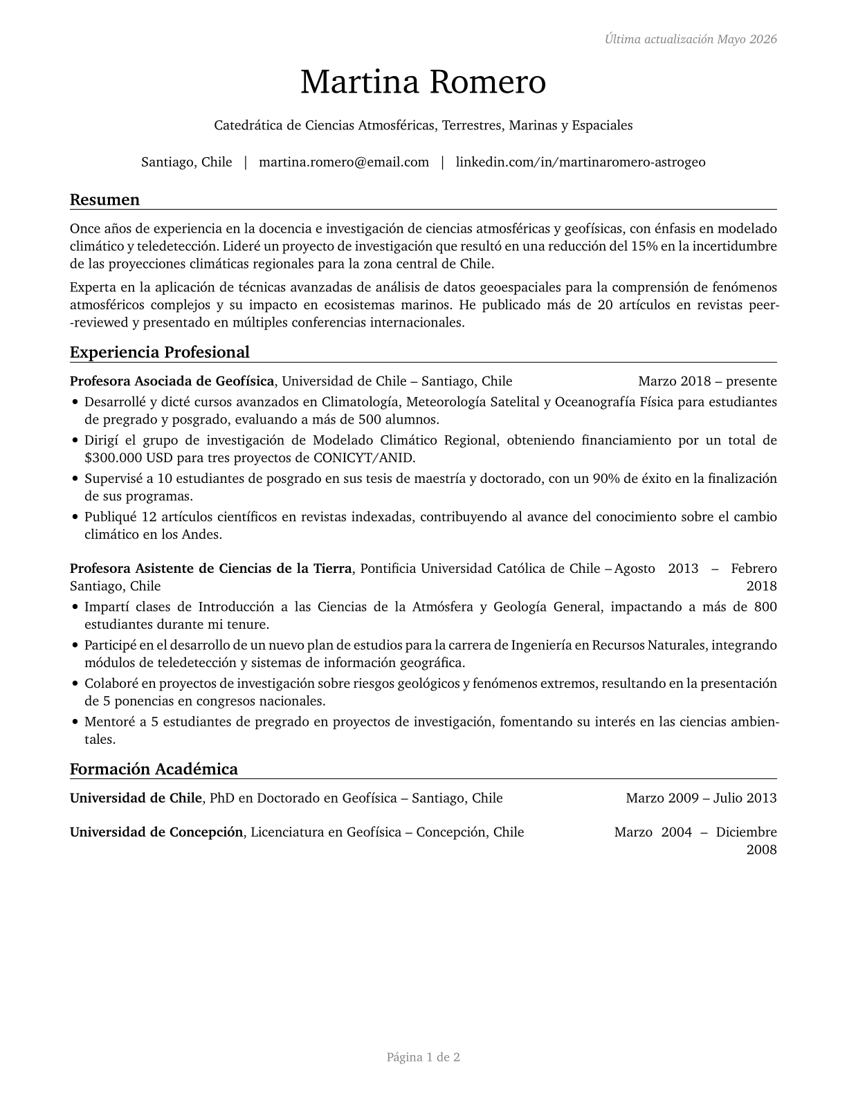 Atmospheric, Earth, Marine, and Space Sciences Teachers, Postsecondary CV in Spanish — page 1