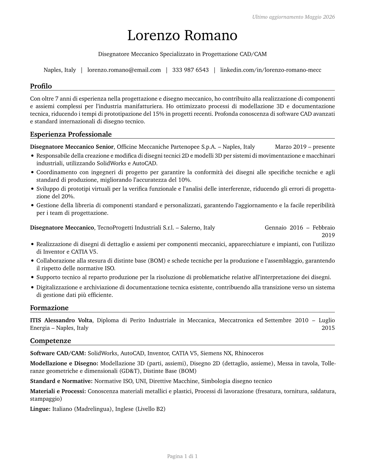 Mechanical Drafters CV in Italian — page 1