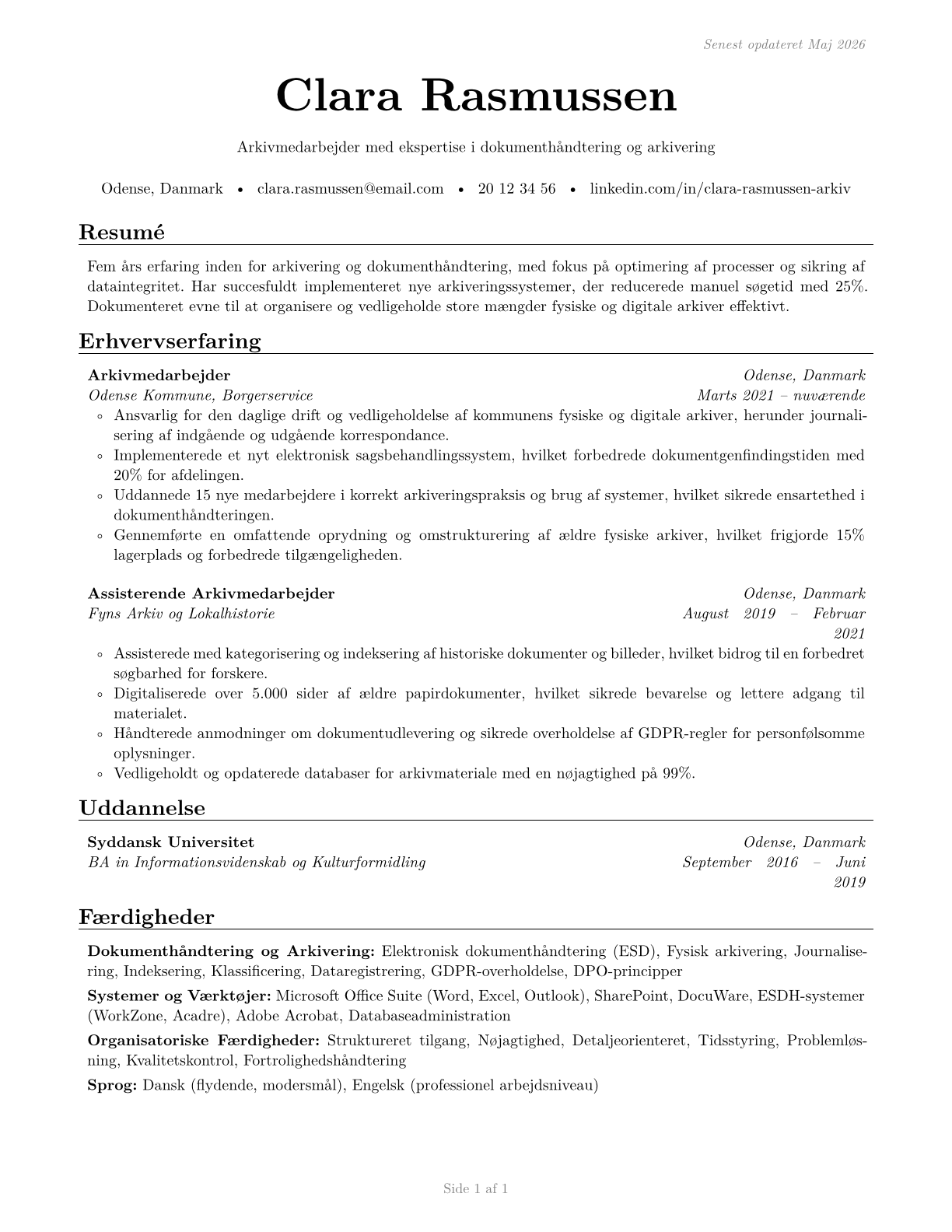 File Clerks CV in Danish — page 1