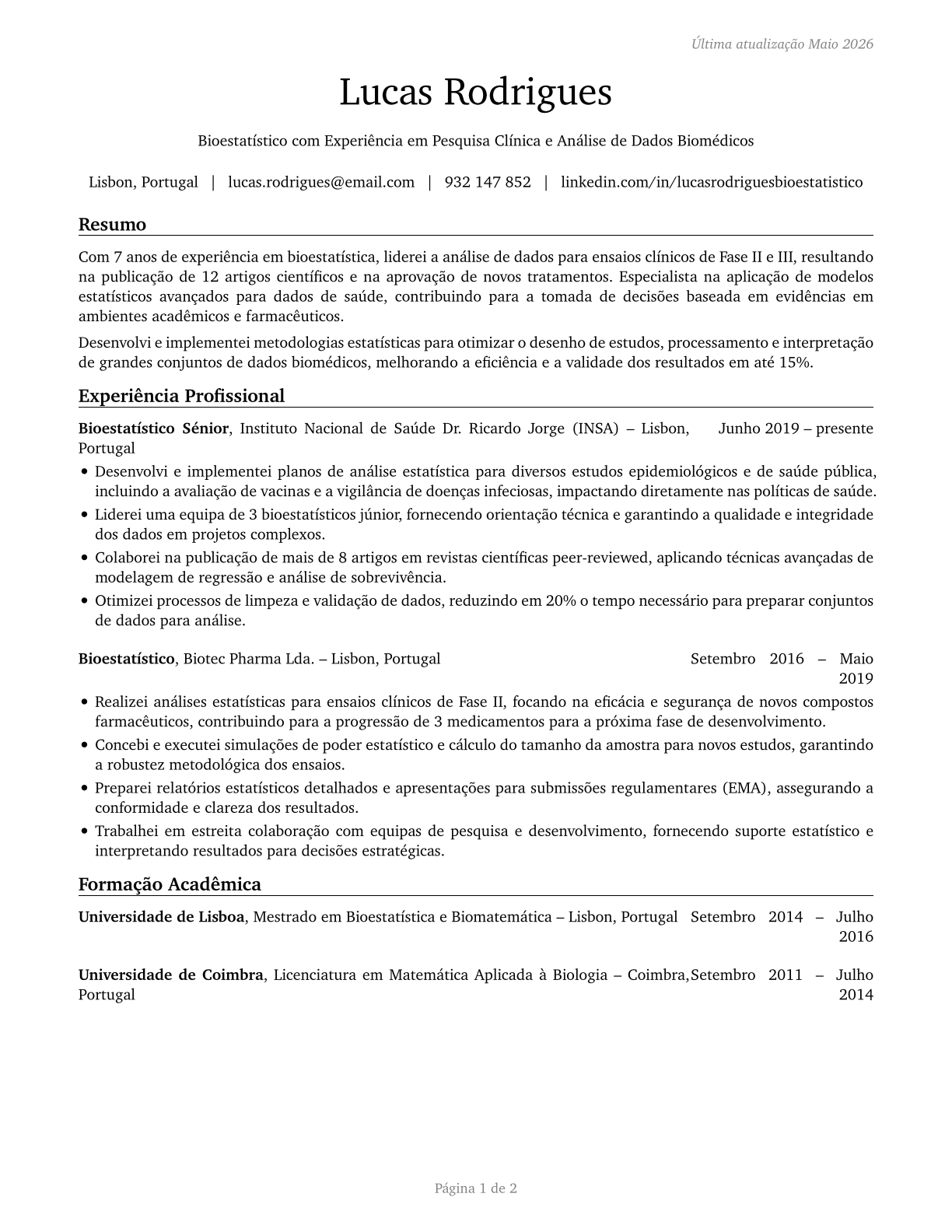 Biostatisticians CV in Portuguese — page 1