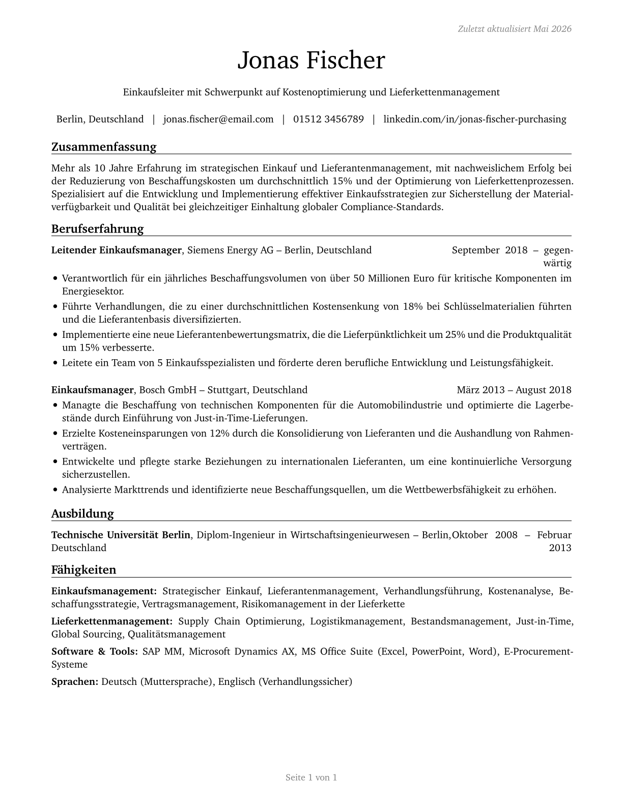 Purchasing Managers CV in German — page 1