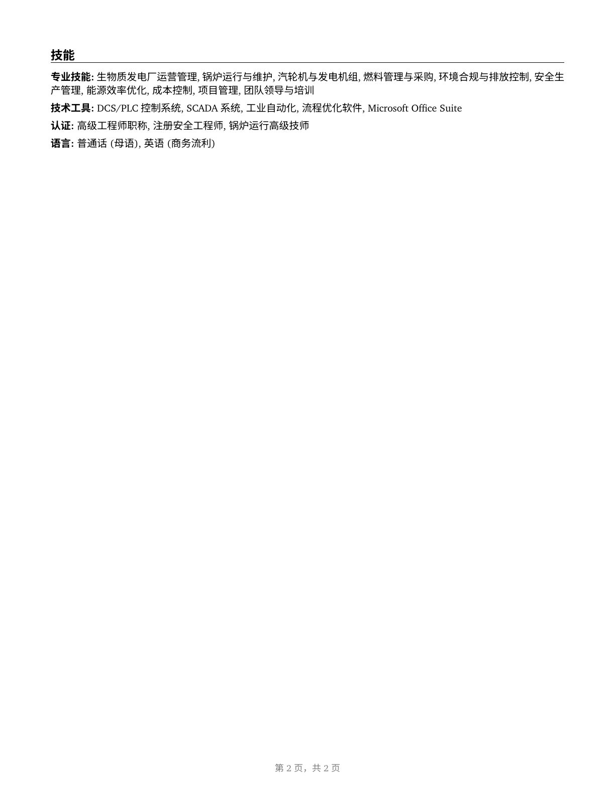 Biomass Power Plant Managers CV in Mandarin_chinese — page 2