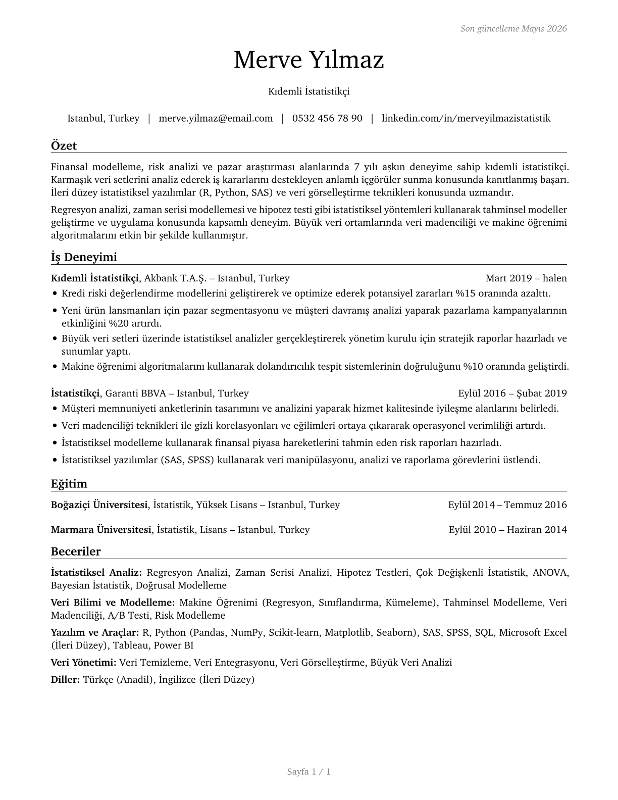 Statisticians CV in Turkish — page 1