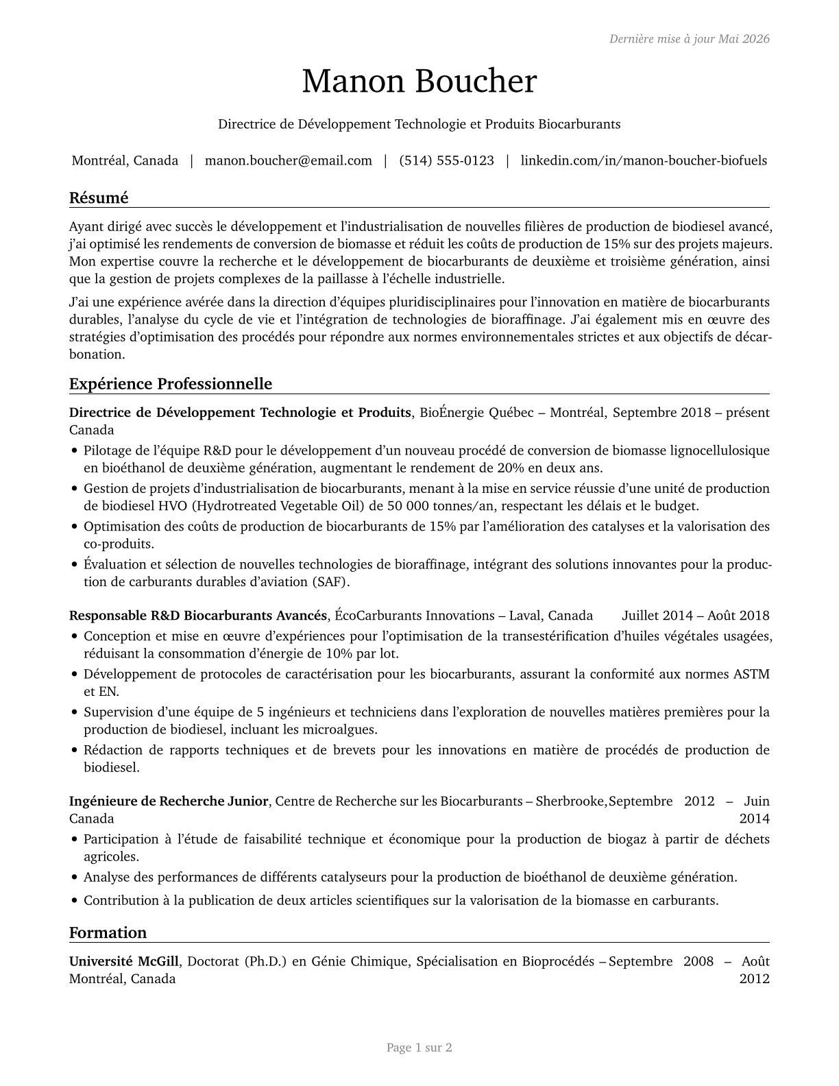 Biofuels/Biodiesel Technology and Product Development Managers CV in French — page 1