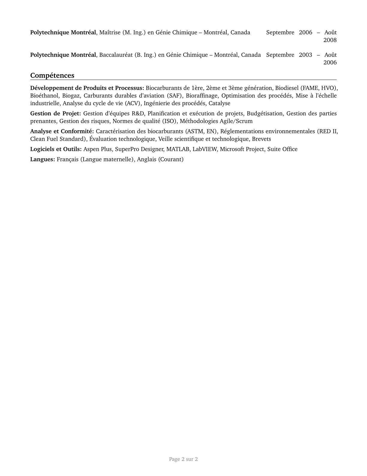 Biofuels/Biodiesel Technology and Product Development Managers CV in French — page 2