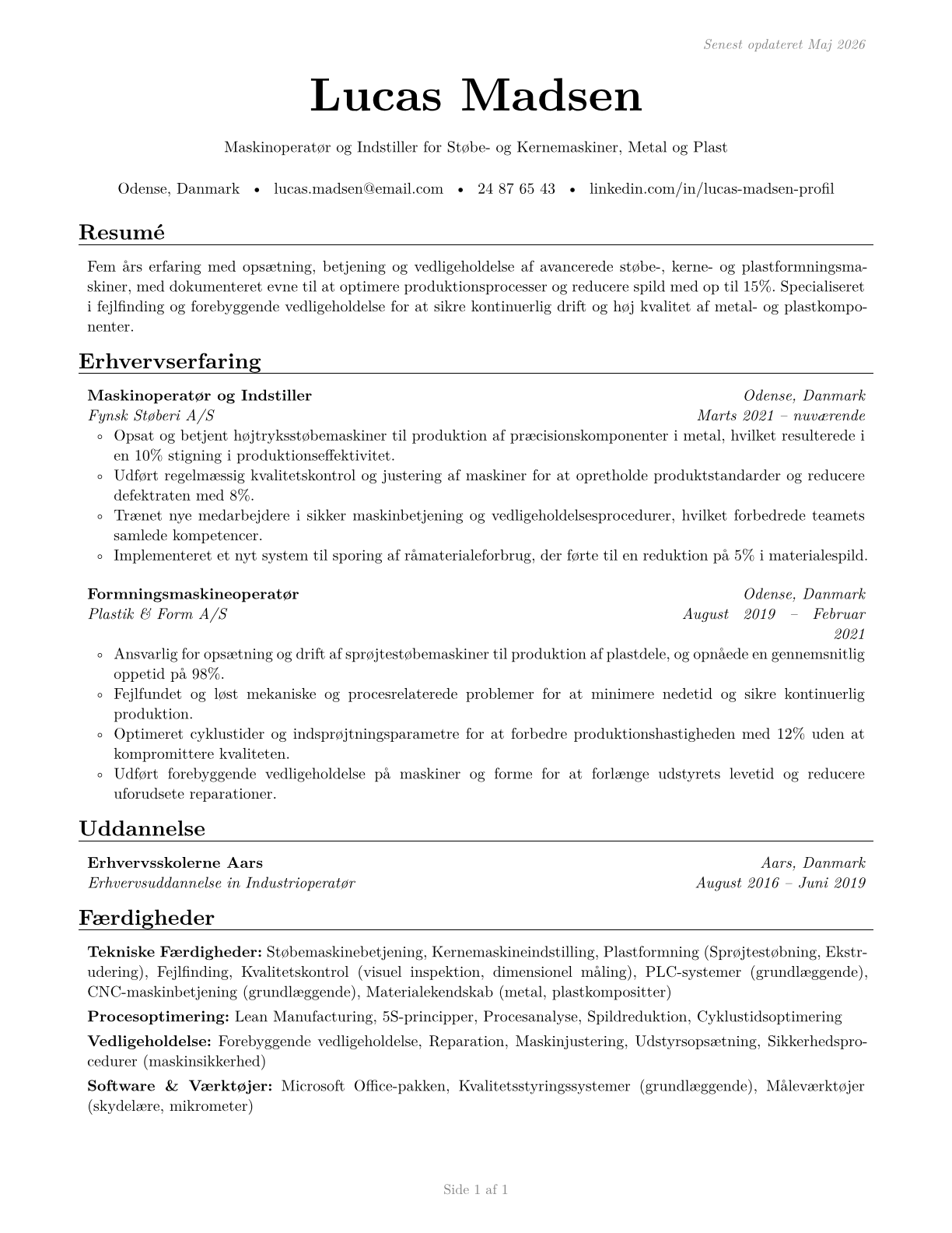 Molding, Coremaking, and Casting Machine Setters, Operators, and Tenders, Metal and Plastic CV in Danish — page 1