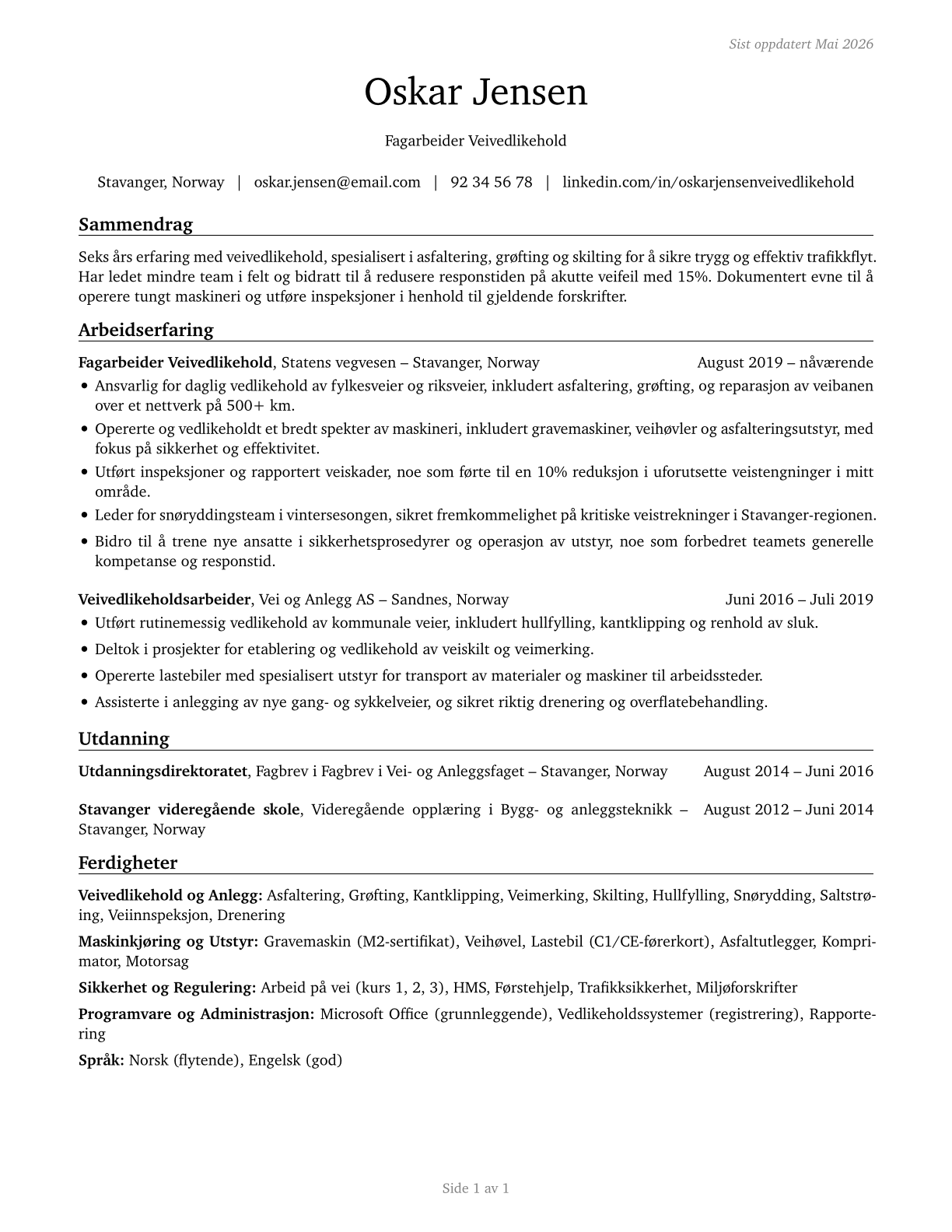 Highway Maintenance Workers CV in Norwegian_bokmal — page 1
