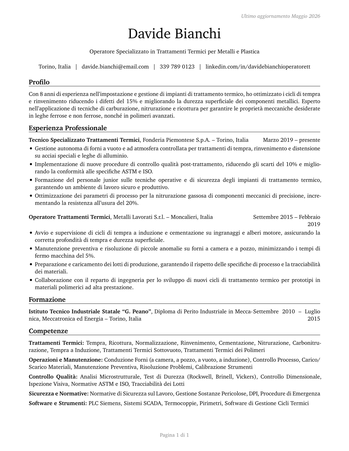 Heat Treating Equipment Setters, Operators, and Tenders, Metal and Plastic CV in Italian — page 1