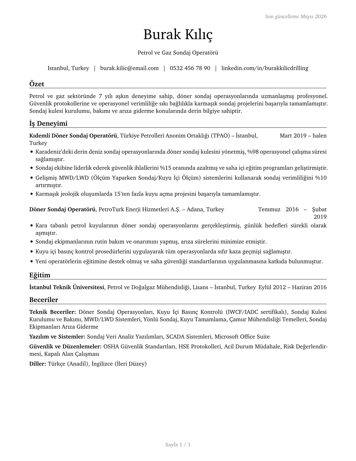 Rotary Drill Operators, Oil and Gas CV in Turkish — page 1