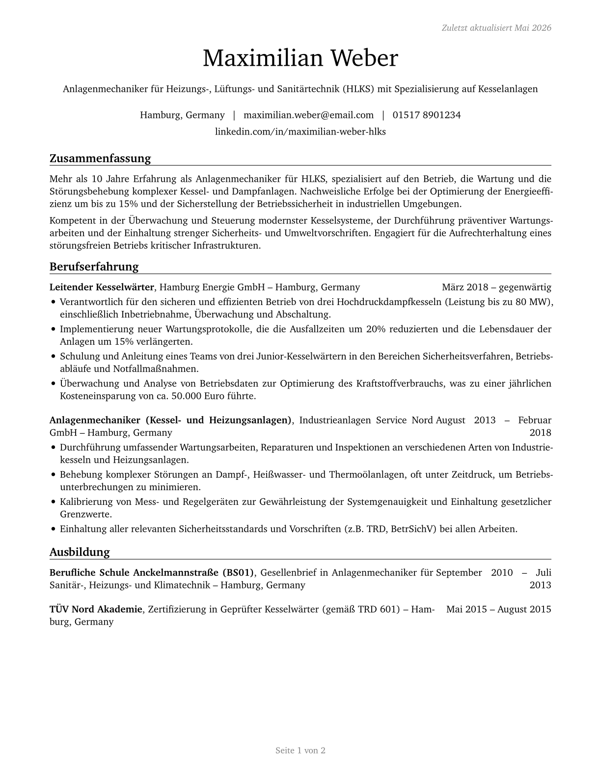 Stationary Engineers and Boiler Operators CV in German — page 1