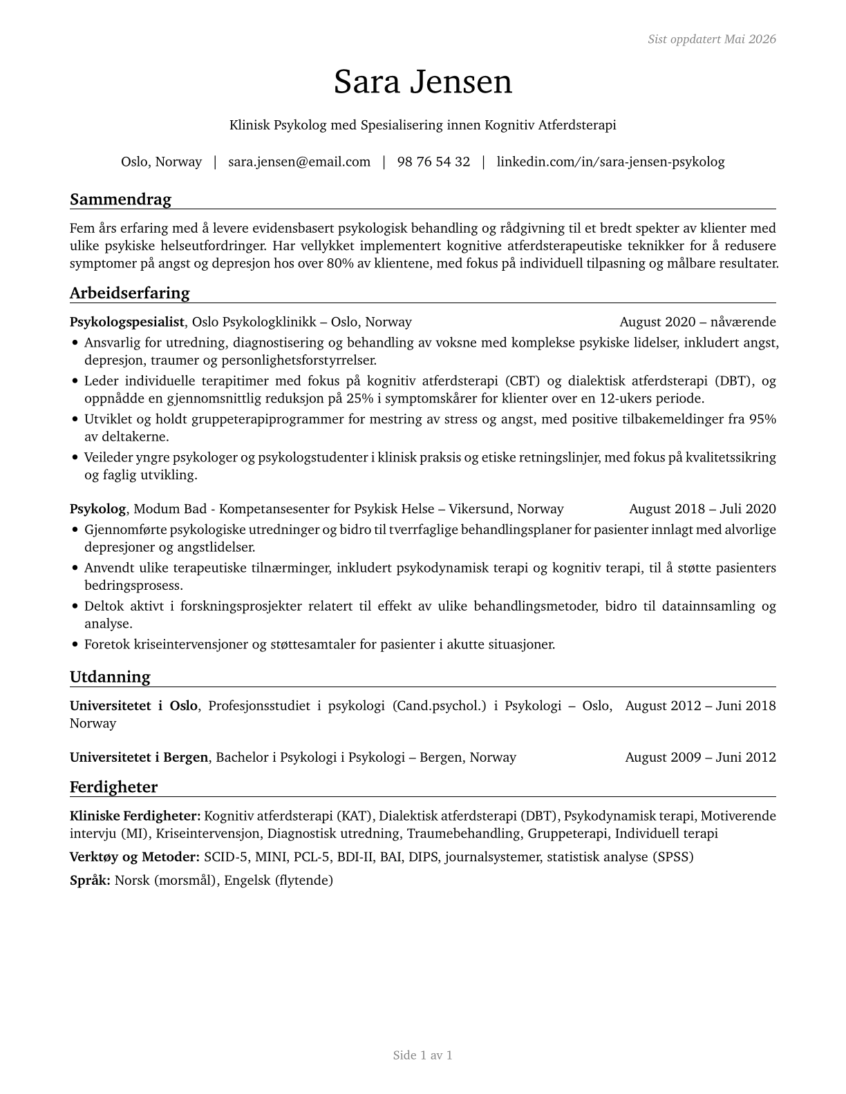 Psychologists, All Other CV in Norwegian_bokmal — page 1