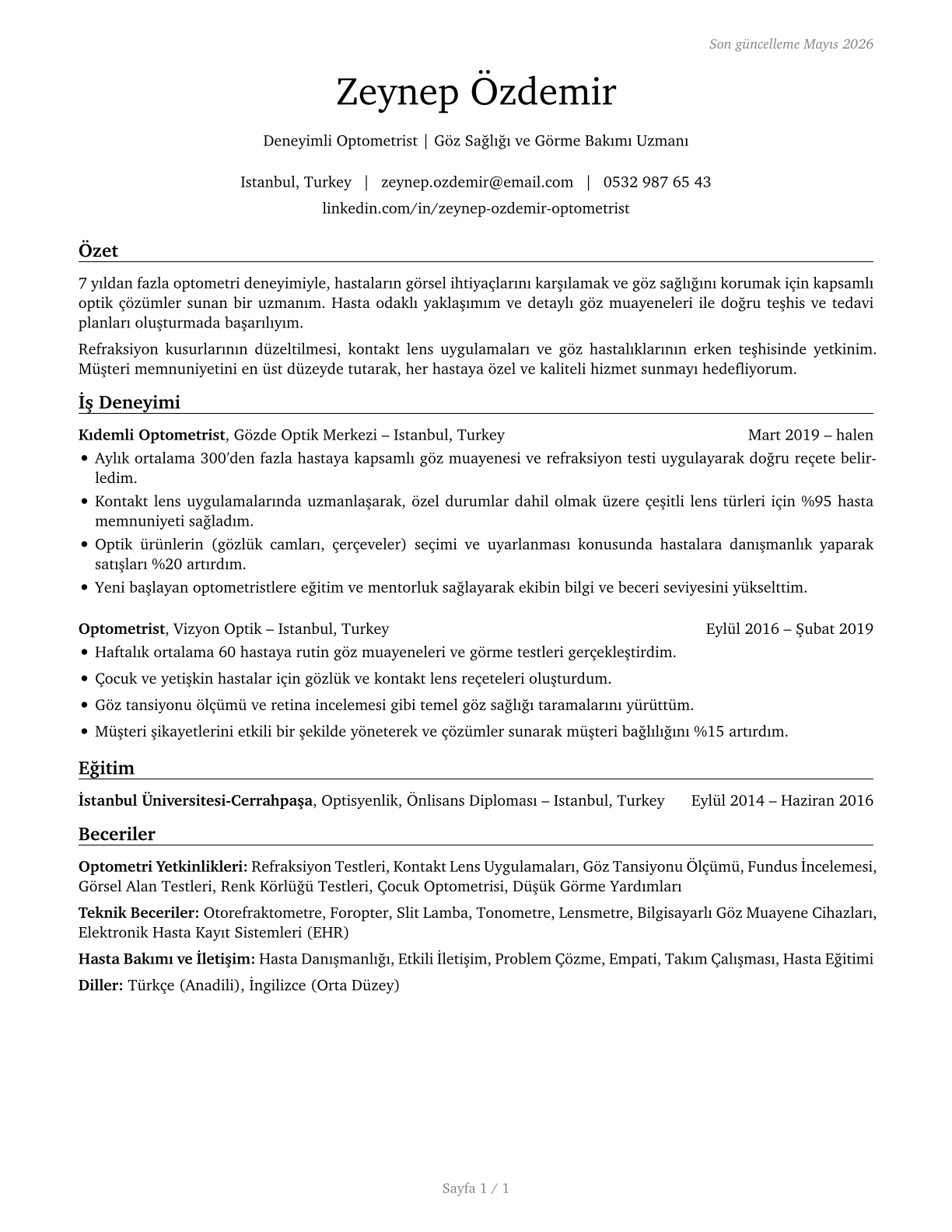 Optometrists CV in Turkish — page 1