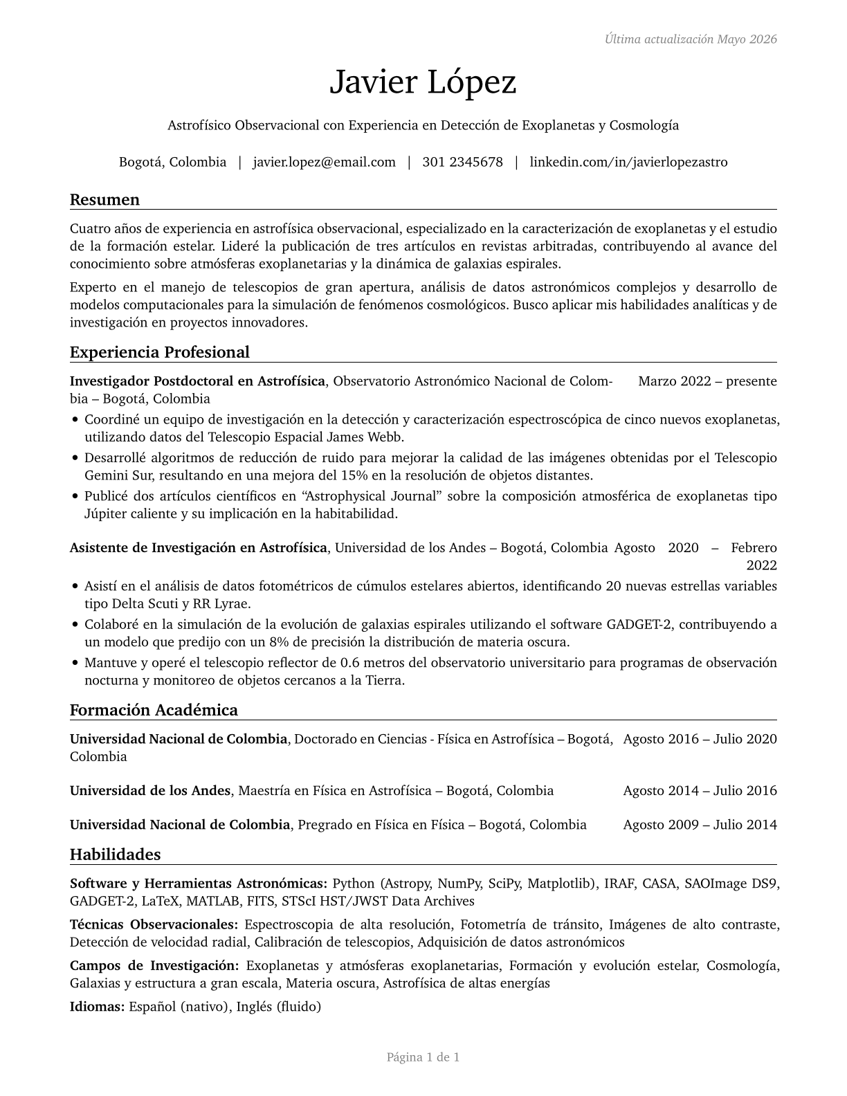 Astronomers CV in Spanish — page 1