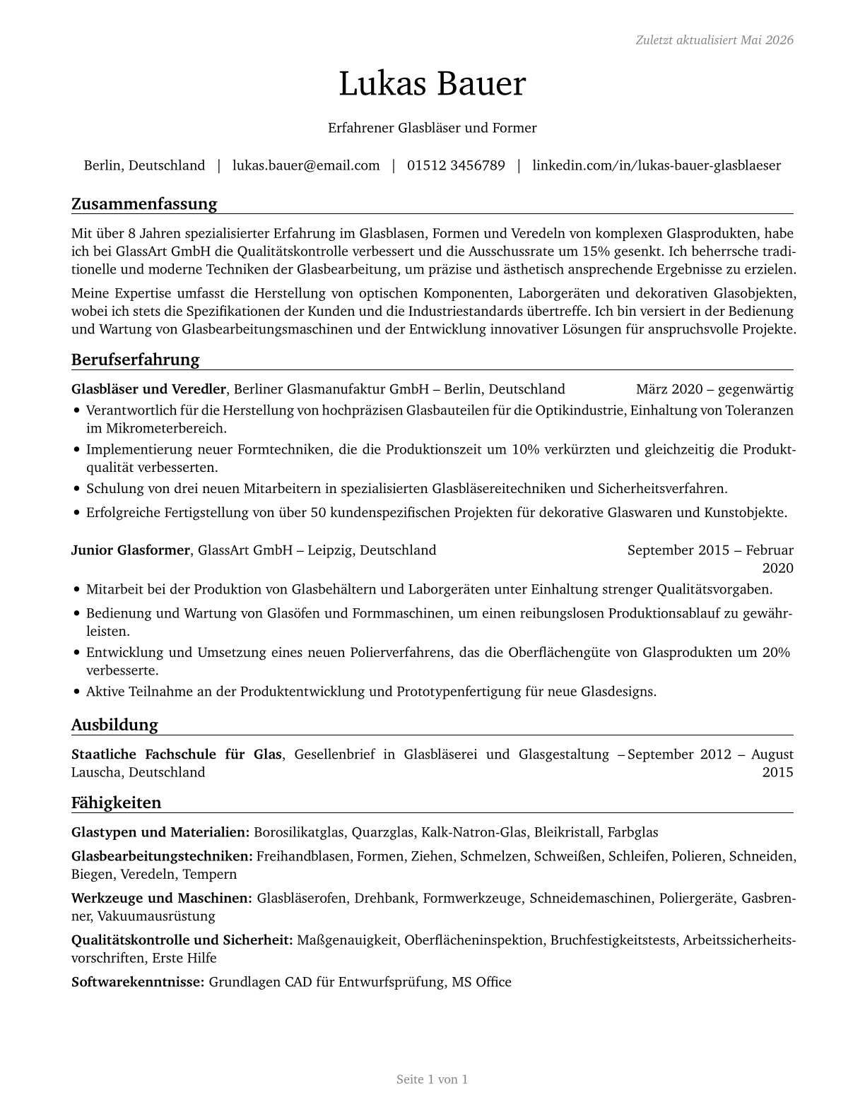Glass Blowers, Molders, Benders, and Finishers CV in German — page 1