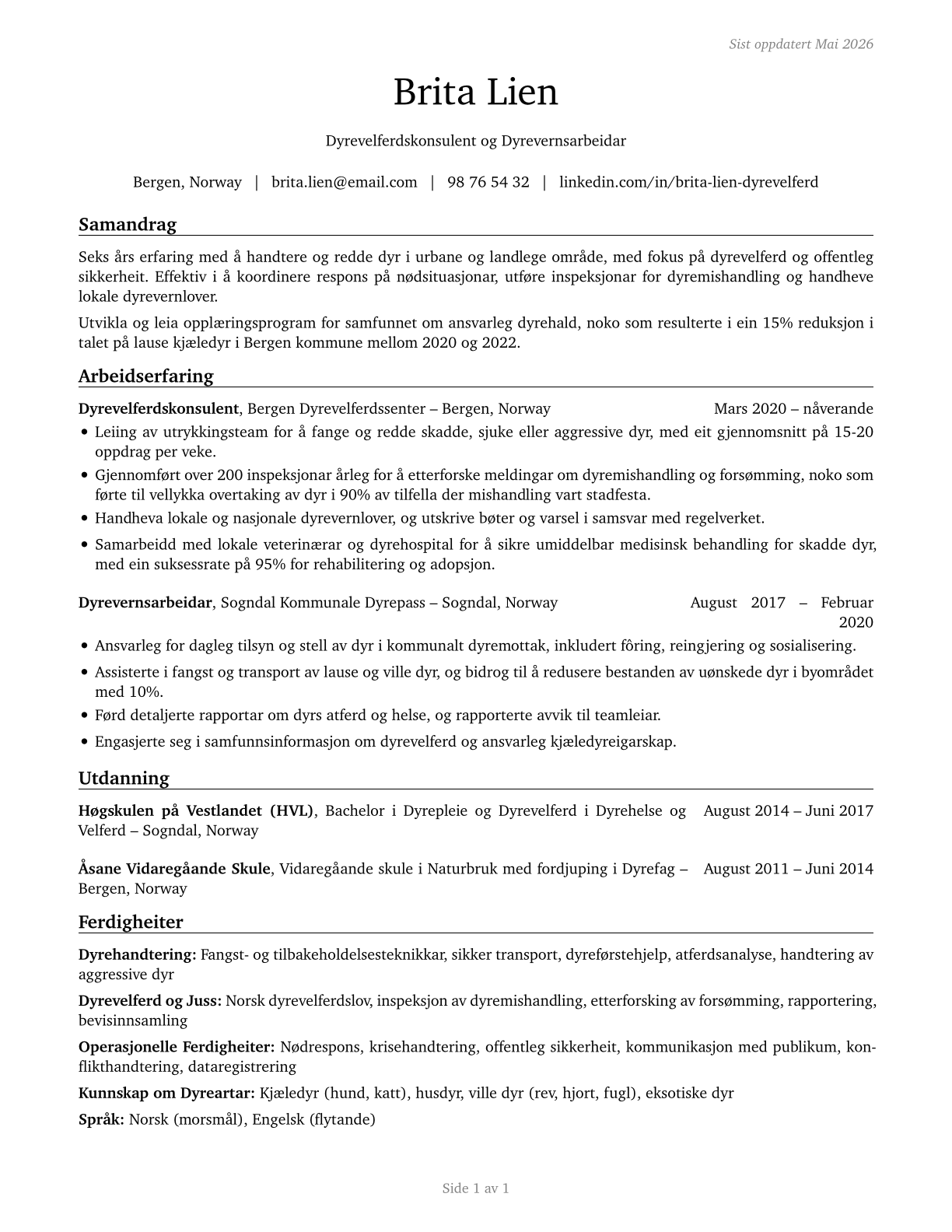 Animal Control Workers CV in Norwegian_nynorsk — page 1