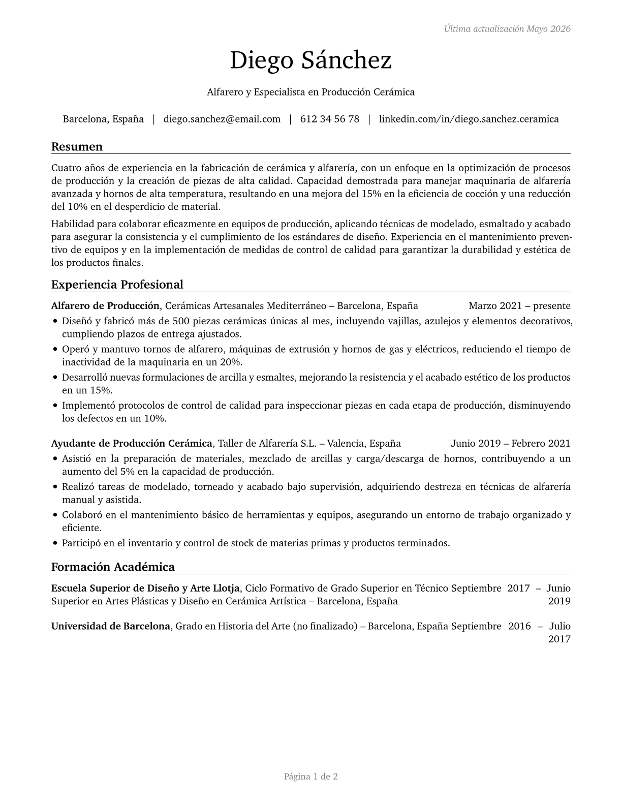 Potters, Manufacturing CV in Spanish — page 1