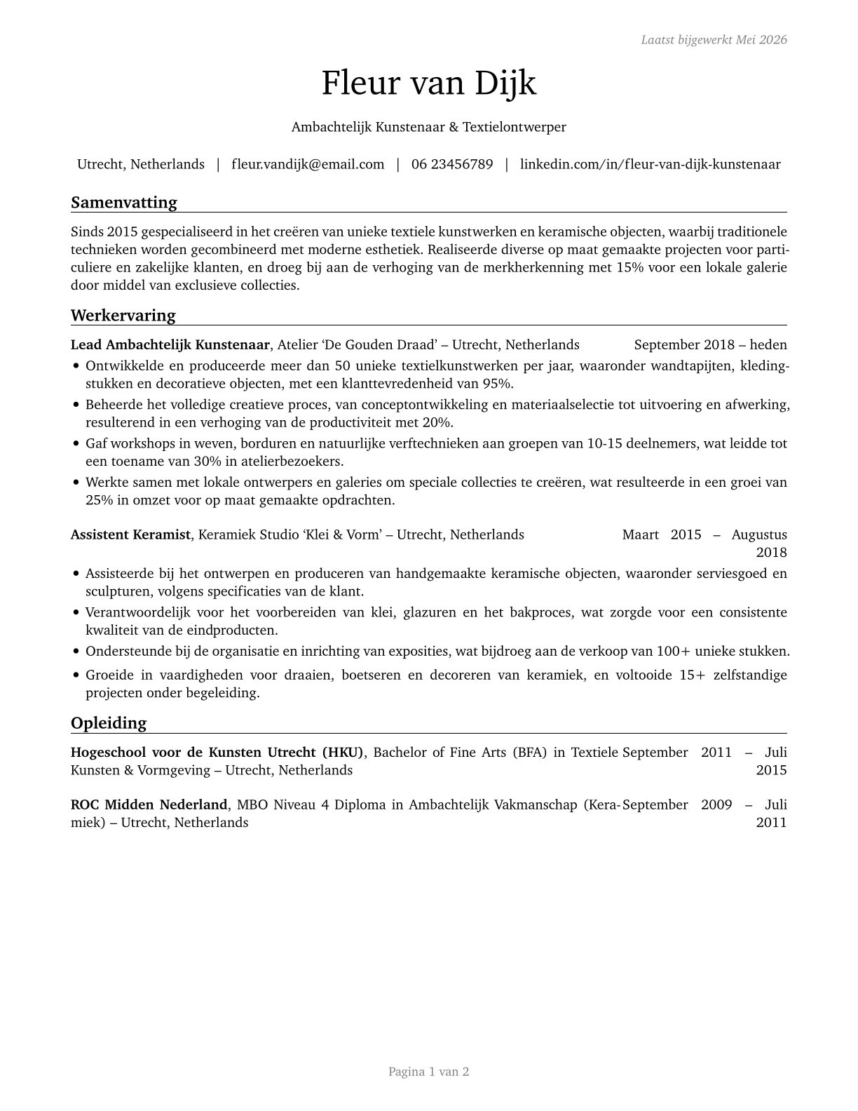 Craft Artists CV in Dutch — page 1