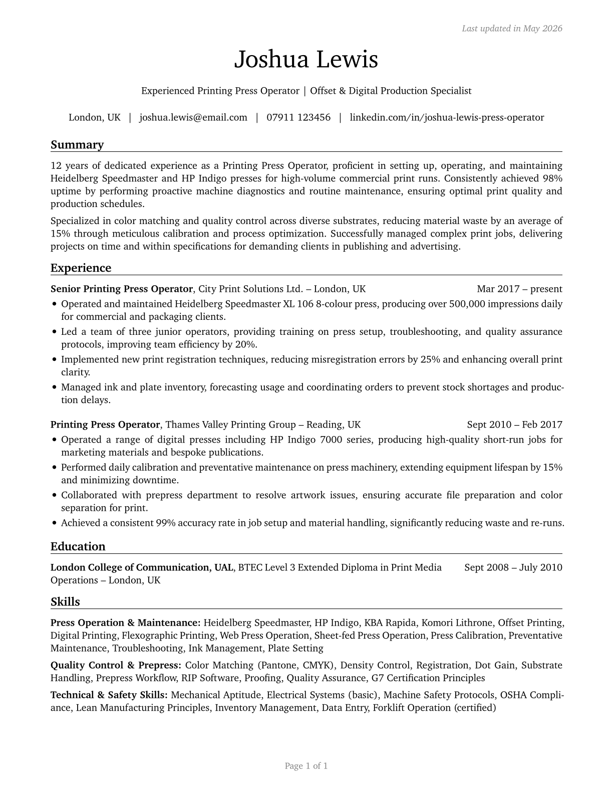 Printing Press Operators CV in English — page 1