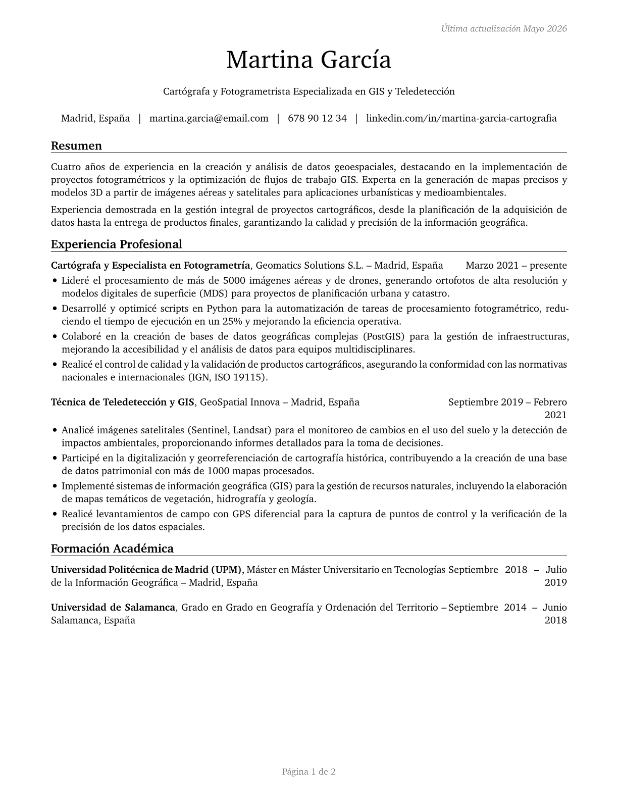 Cartographers and Photogrammetrists CV in Spanish — page 1
