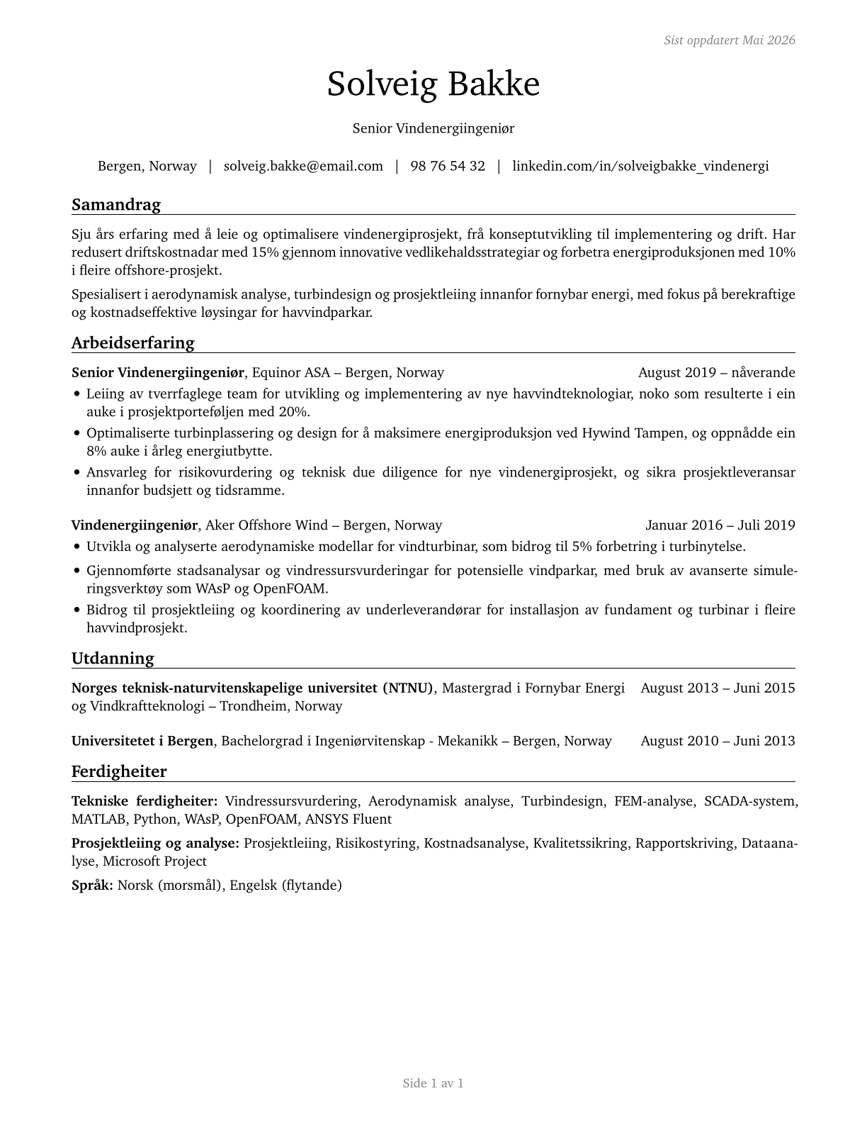 Wind Energy Engineers CV in Norwegian_nynorsk — page 1